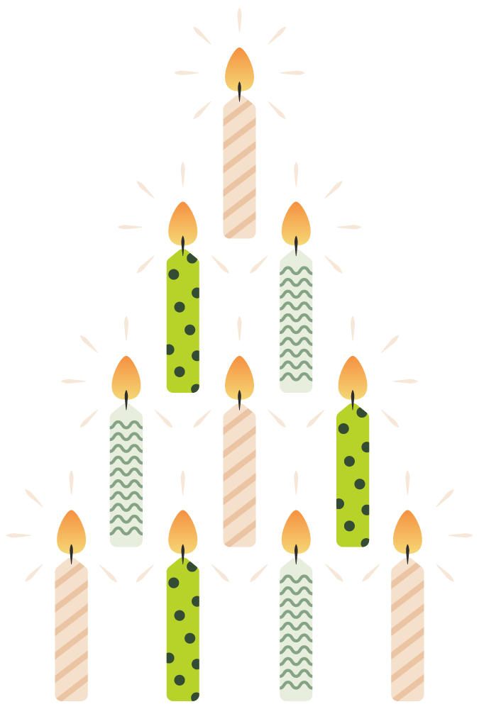 Illustration of colorful birthday candles lit and arranged as a tree